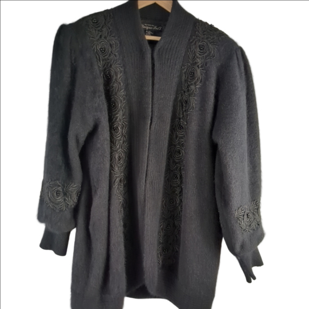 Unique Int'l Embroidered Flowers Pearls Angora Blend Cardigan Shoulder Pads